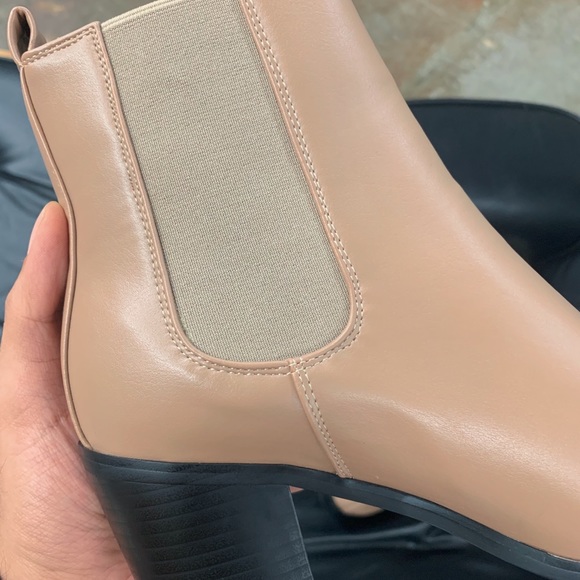 Women’s Pointed Toe Chelsea Ankle High Heel Block Boot in Beige Faux Leather - Picture 10 of 11